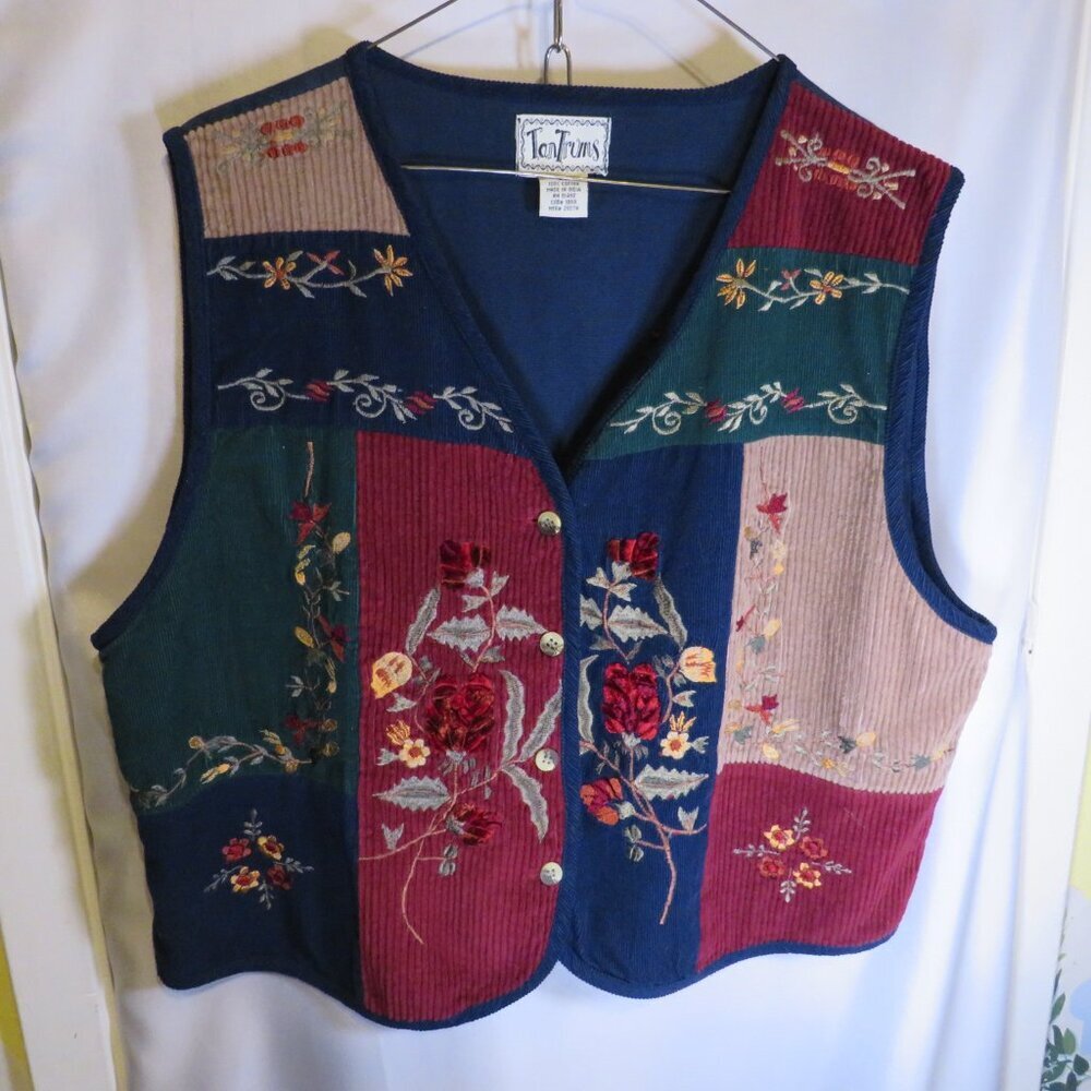 Tantrums Vintage Patchwork Corduroy Embroidered Floral Vest size XL UNISEX